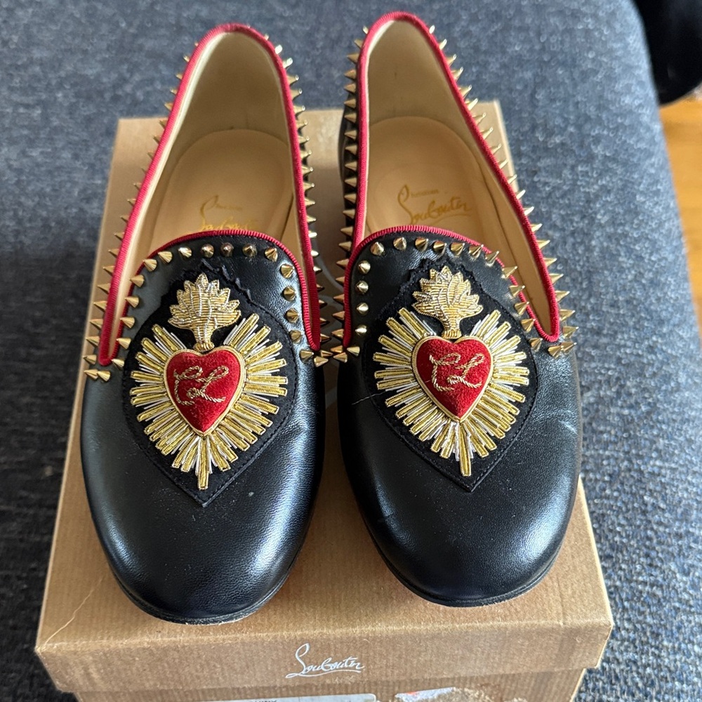 Christian Louboutin Black Leather Embroidered Heart Loafers